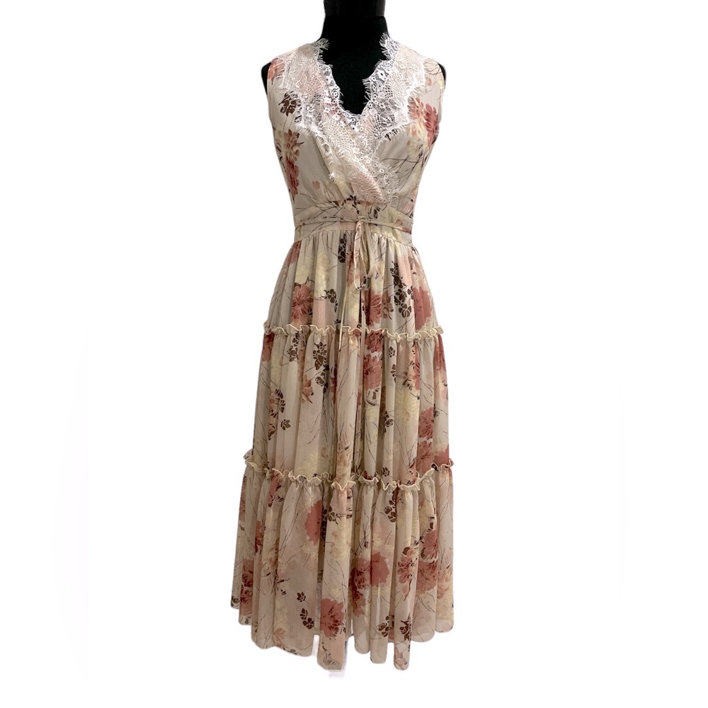 NL Floral Chiffon Ruffle and Lace Maxi Dress